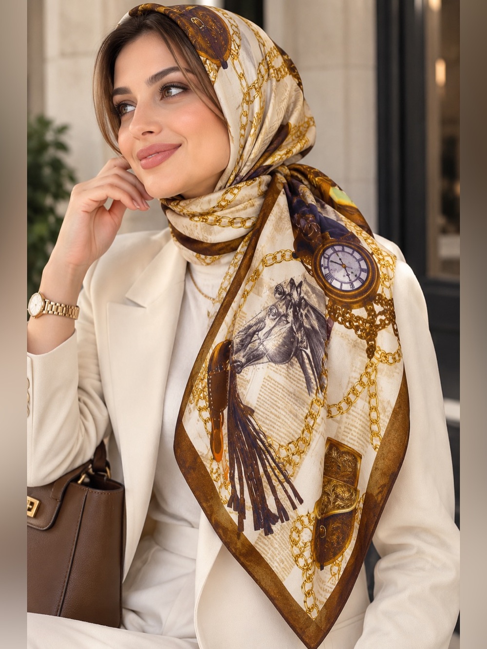 BEYMEN 100% Silk Equestrian Print Scarf Horse Chain Saddle Vintage Style